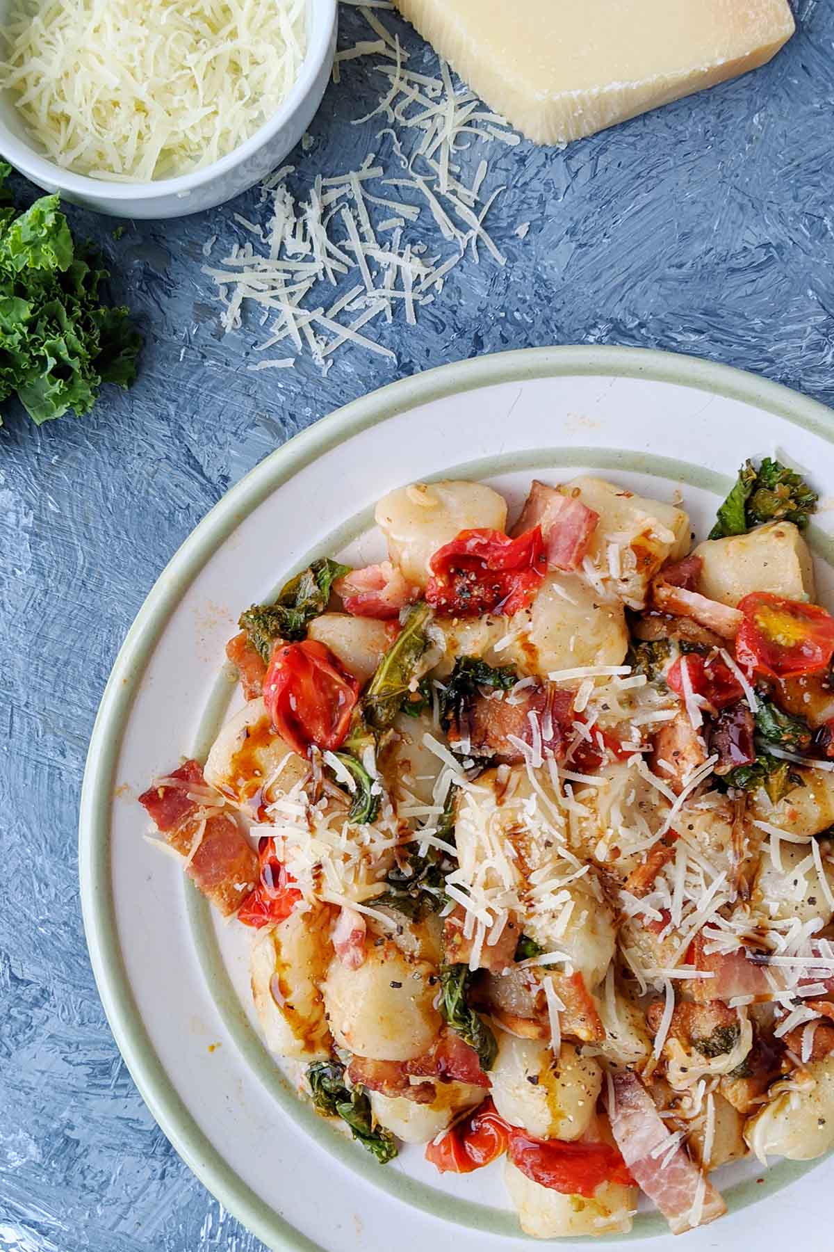 kale and tomato gnocchi dinner plate.