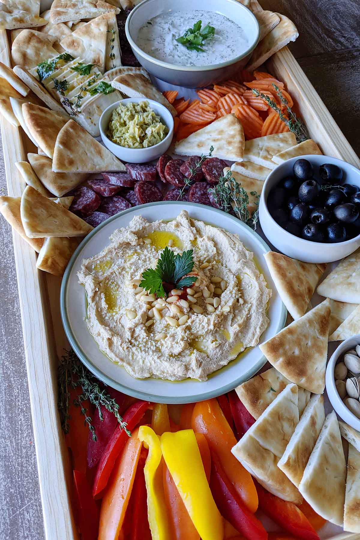 greek appetizer platter with hummus