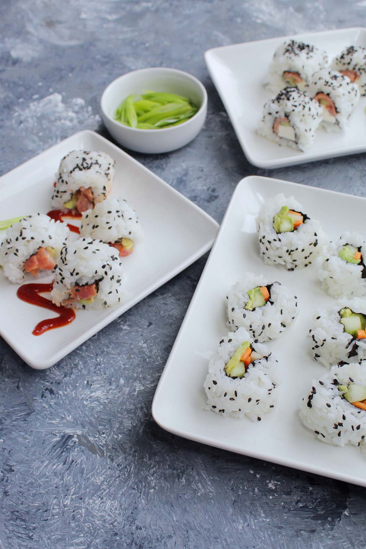 three types of homemade sushi rolls.