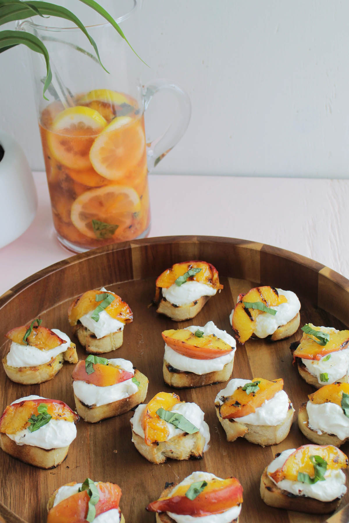 grilled peach crostini with peach cocktail
