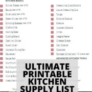printable kitchen supply list with items on a checklist.