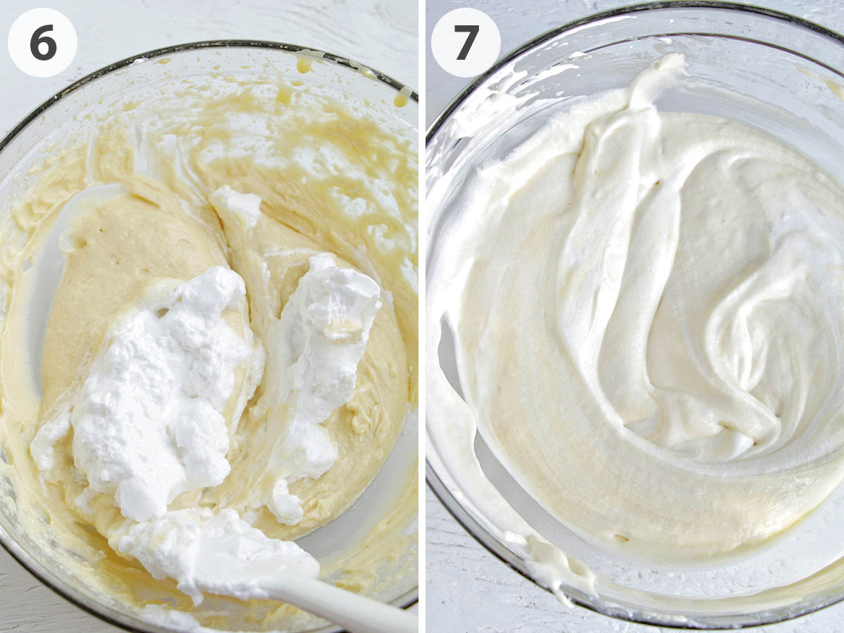 two numbered photos mixing meringue into egg yolk mixture.