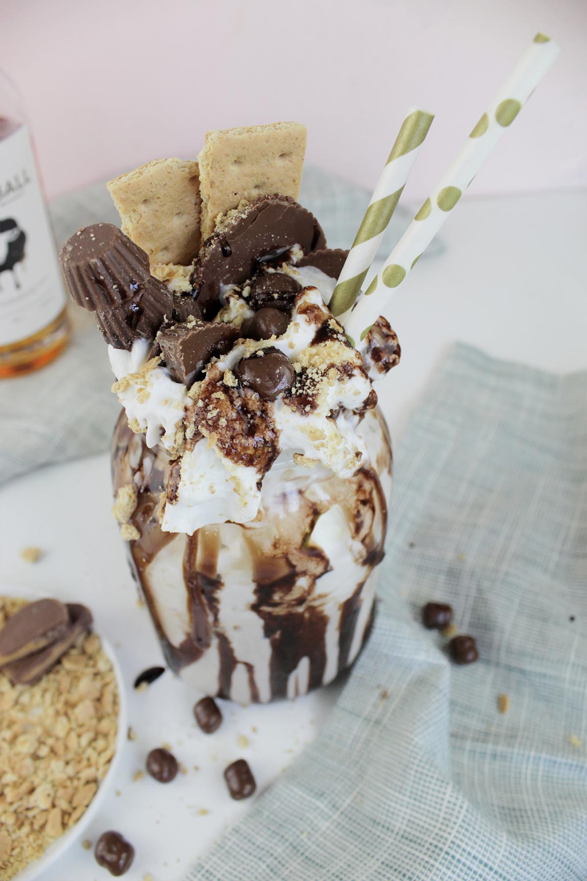 peanut butter whiskey milkshake with crazy toppings