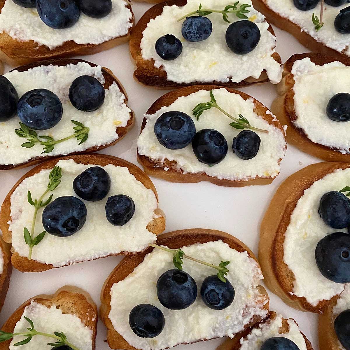 crostini toasts with cheese and blueberries.
