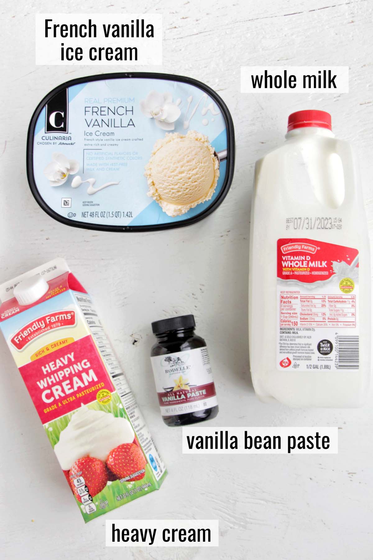 vanilla milkshake ingredients with labels.