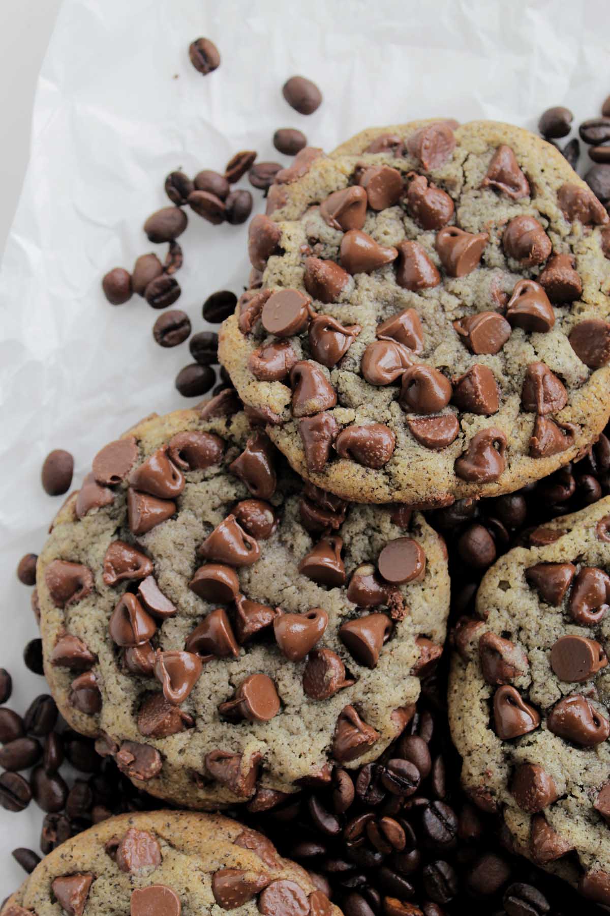 chewy chocolate espresso cookies on coffee beans