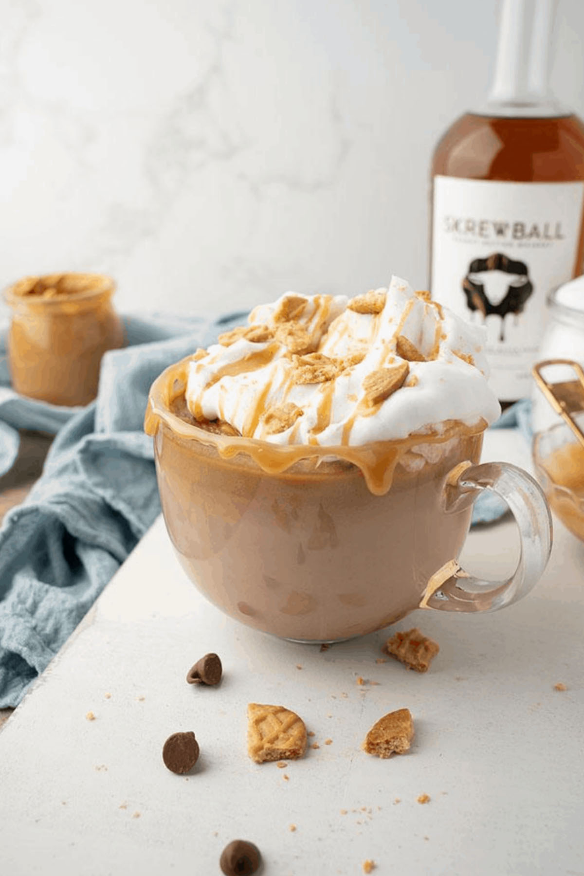 Salted peanut butter hot chocolate in a mug.