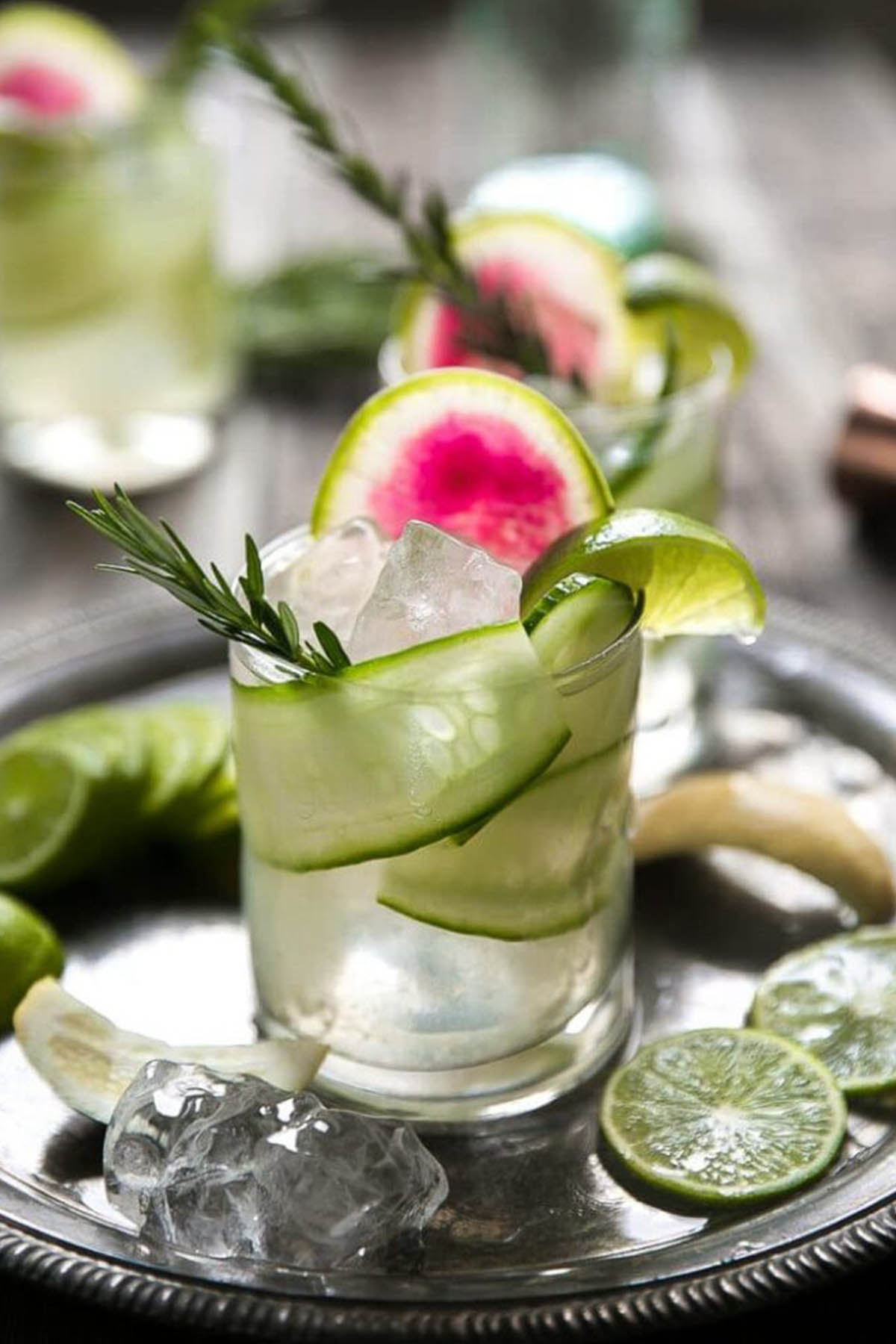 cucumber, rosemary, and radish cocktail garnish