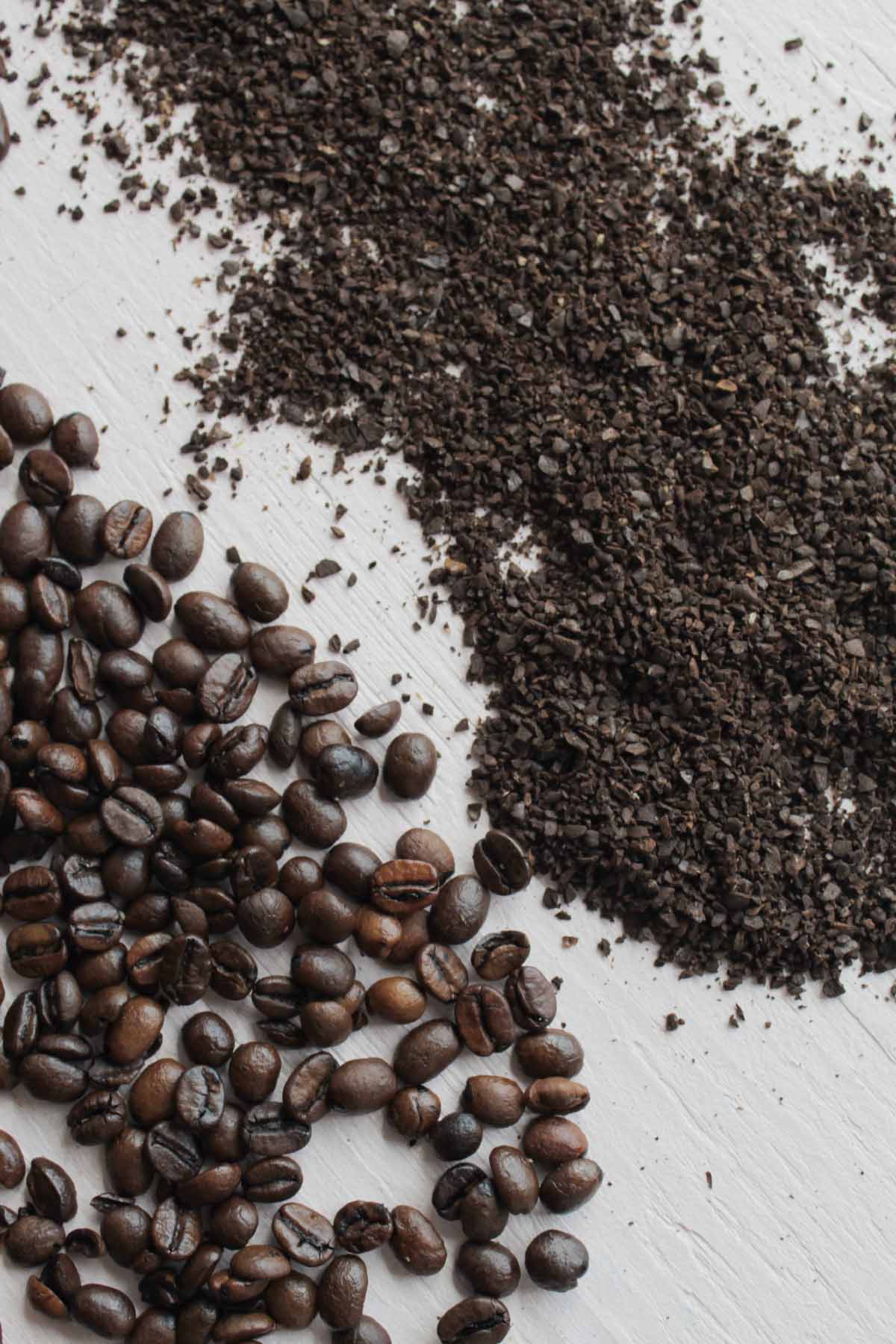 whole coffee beans and course ground coffee laying on a pink background.