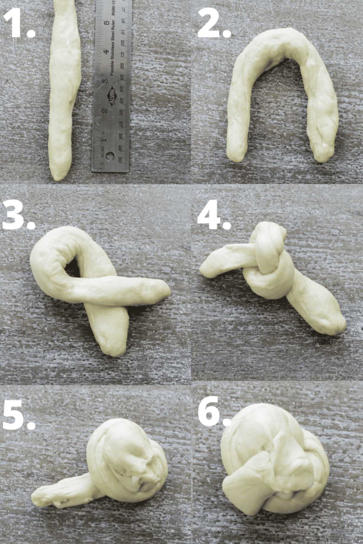 six numbered photos showing how to shape dough into mini rolls.