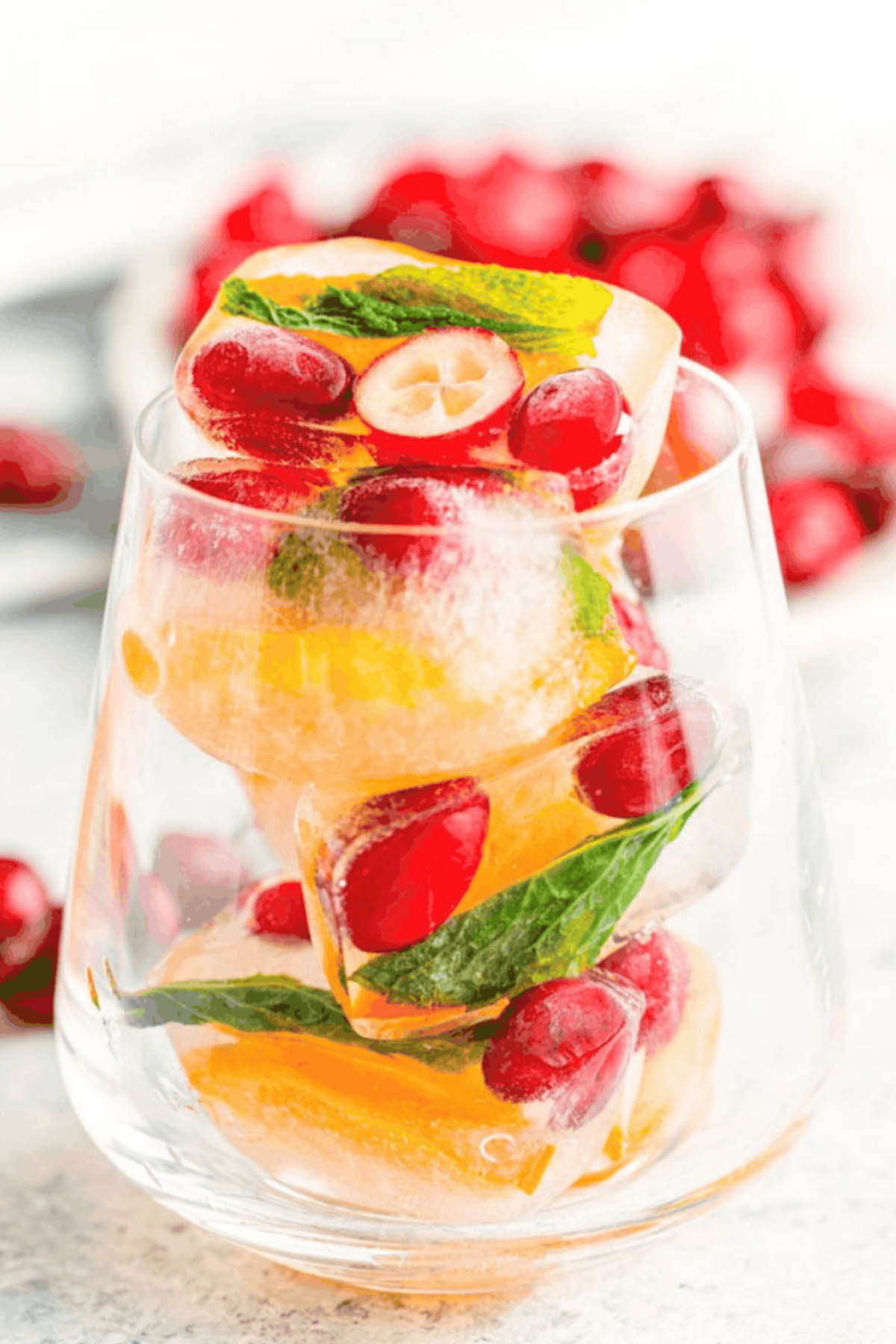 ice cubes filled with cranberries and mint