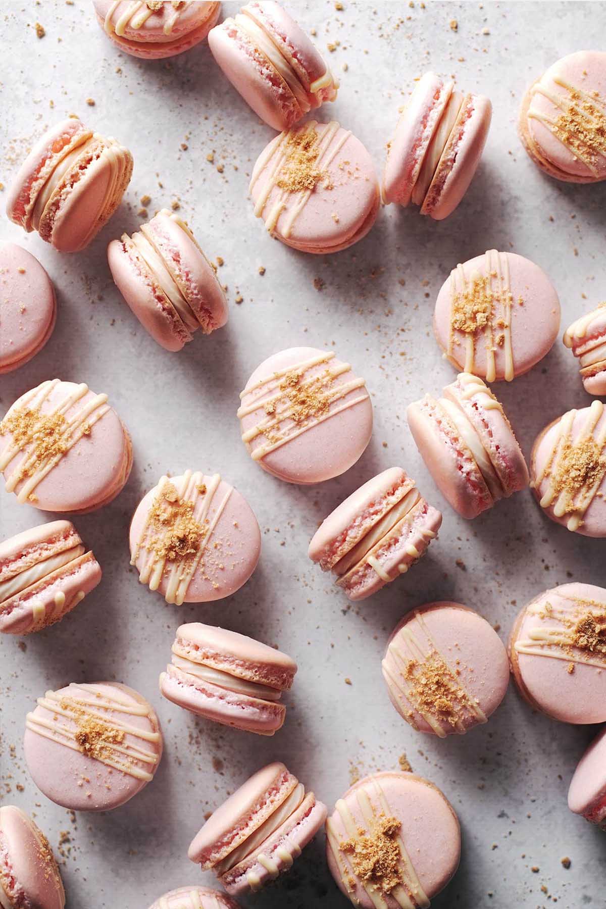 pink macarons with strawberry cheesecake filling