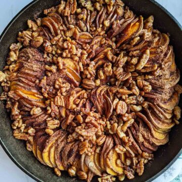 sweet potatoes in cast iron skillet.