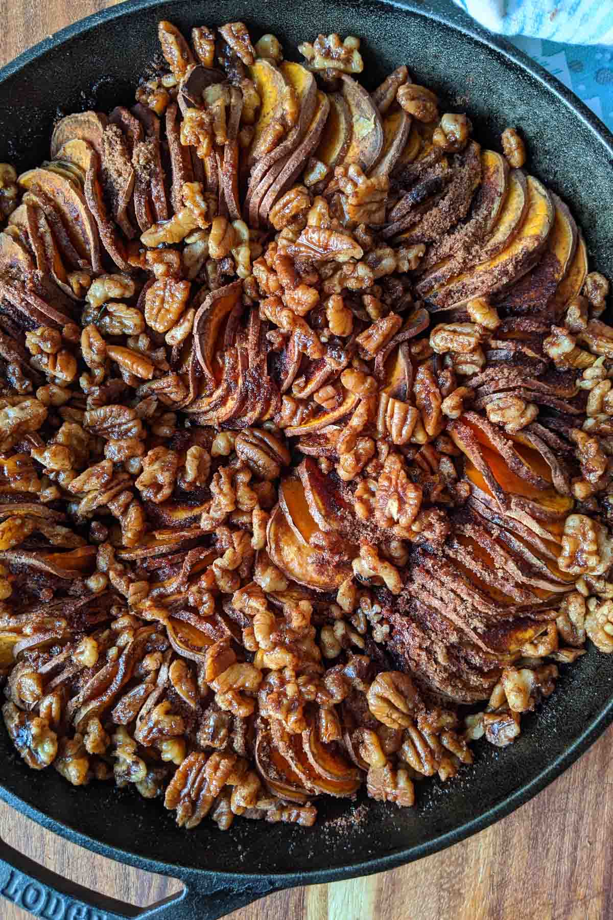 sweet potato casserole in cast iron skillet