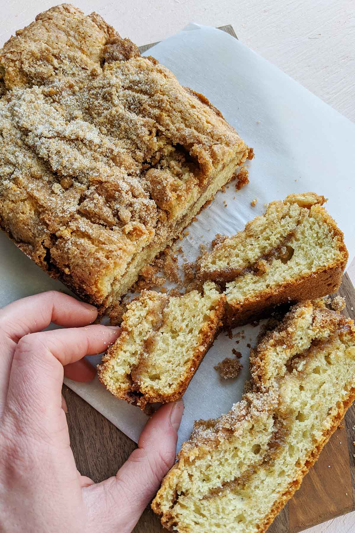 Greek yogurt coffee cake with cinnamon sugar.