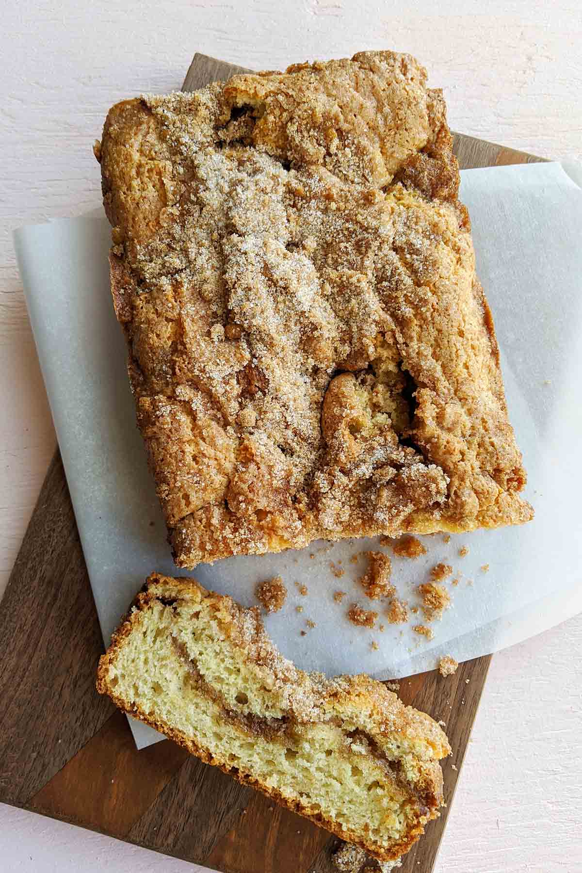 yogurt coffee cake with cinnamon and sugar topping.