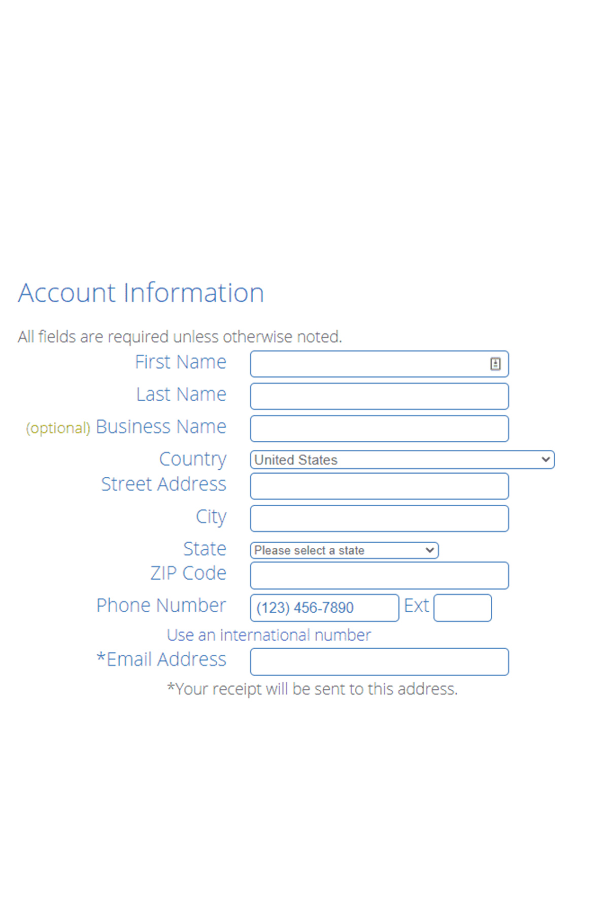 Bluehost account information form