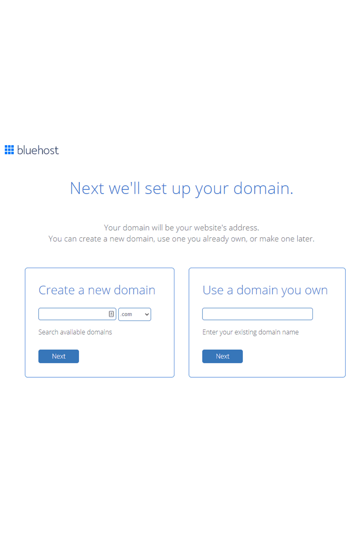 Bluehost domain set up form