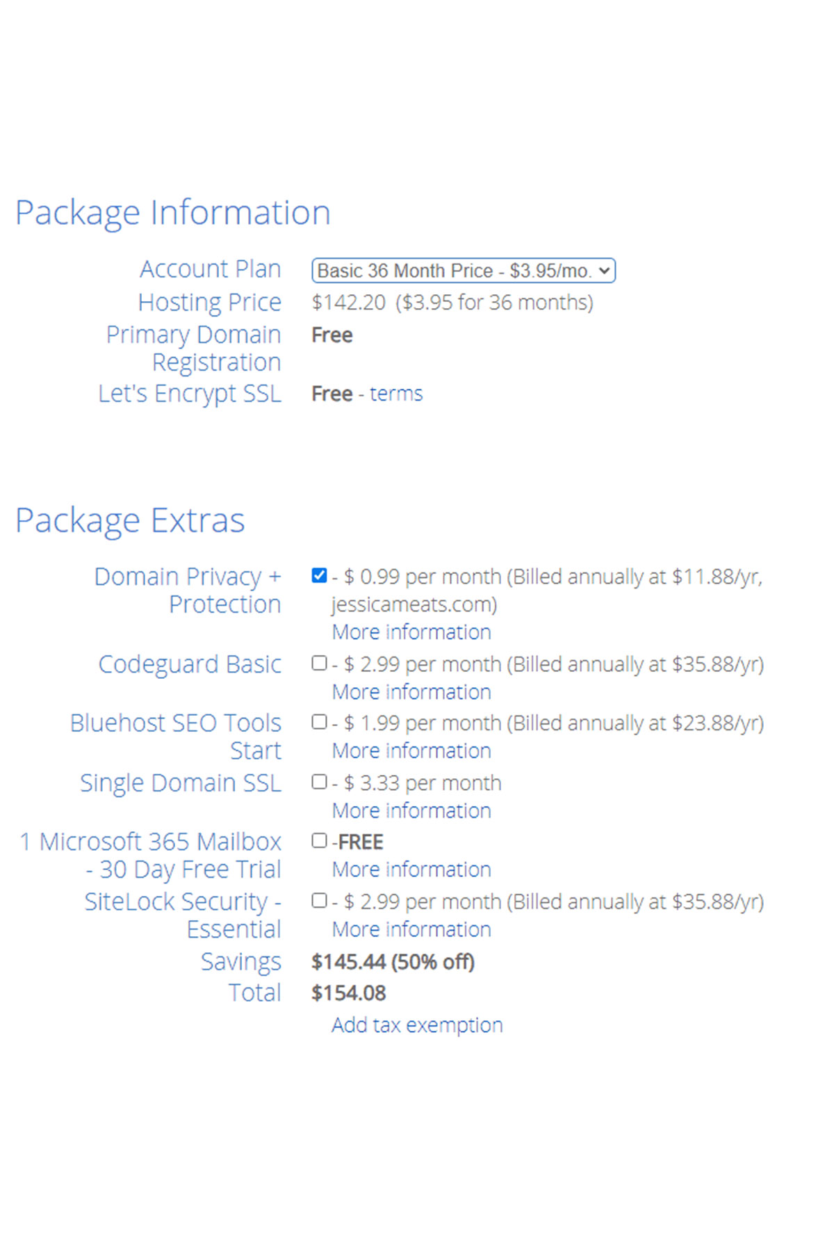 Bluehost package information form