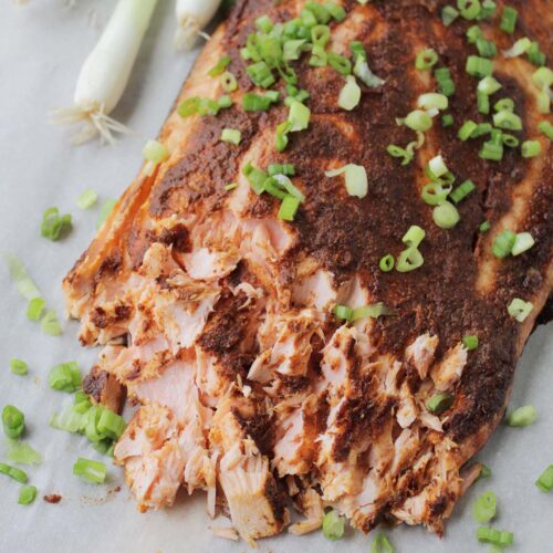 spicy salmon with adobo sauce and green onion garnishes.