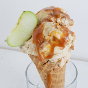 apple ice cream in waffle cone.