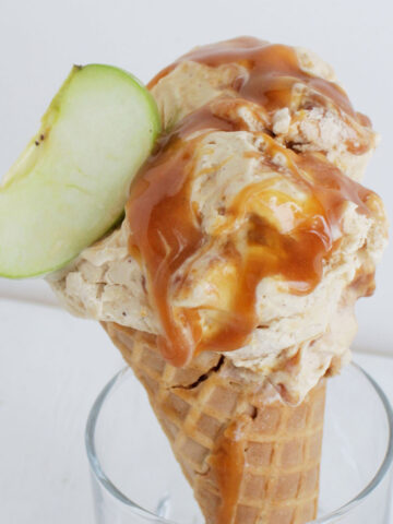 apple ice cream in waffle cone.