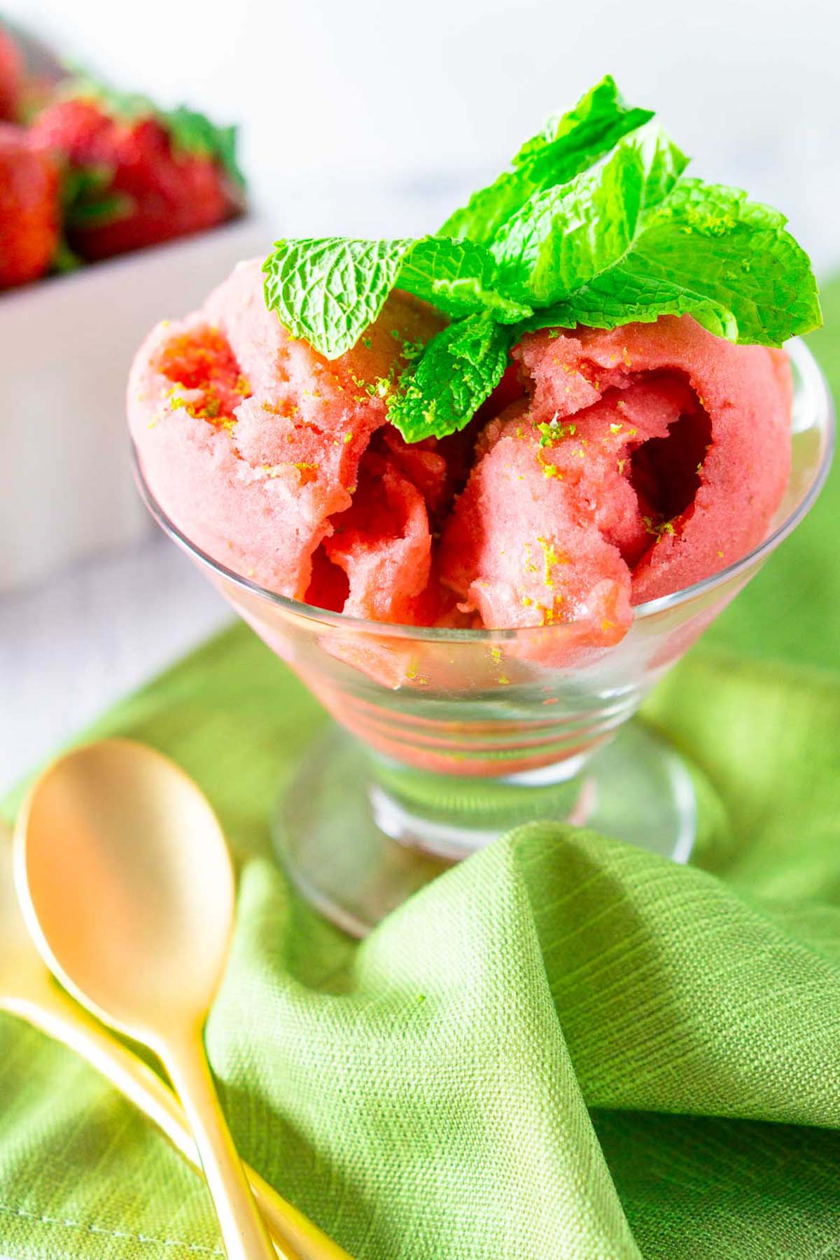 strawberry and mint sorbet in serving bowl.