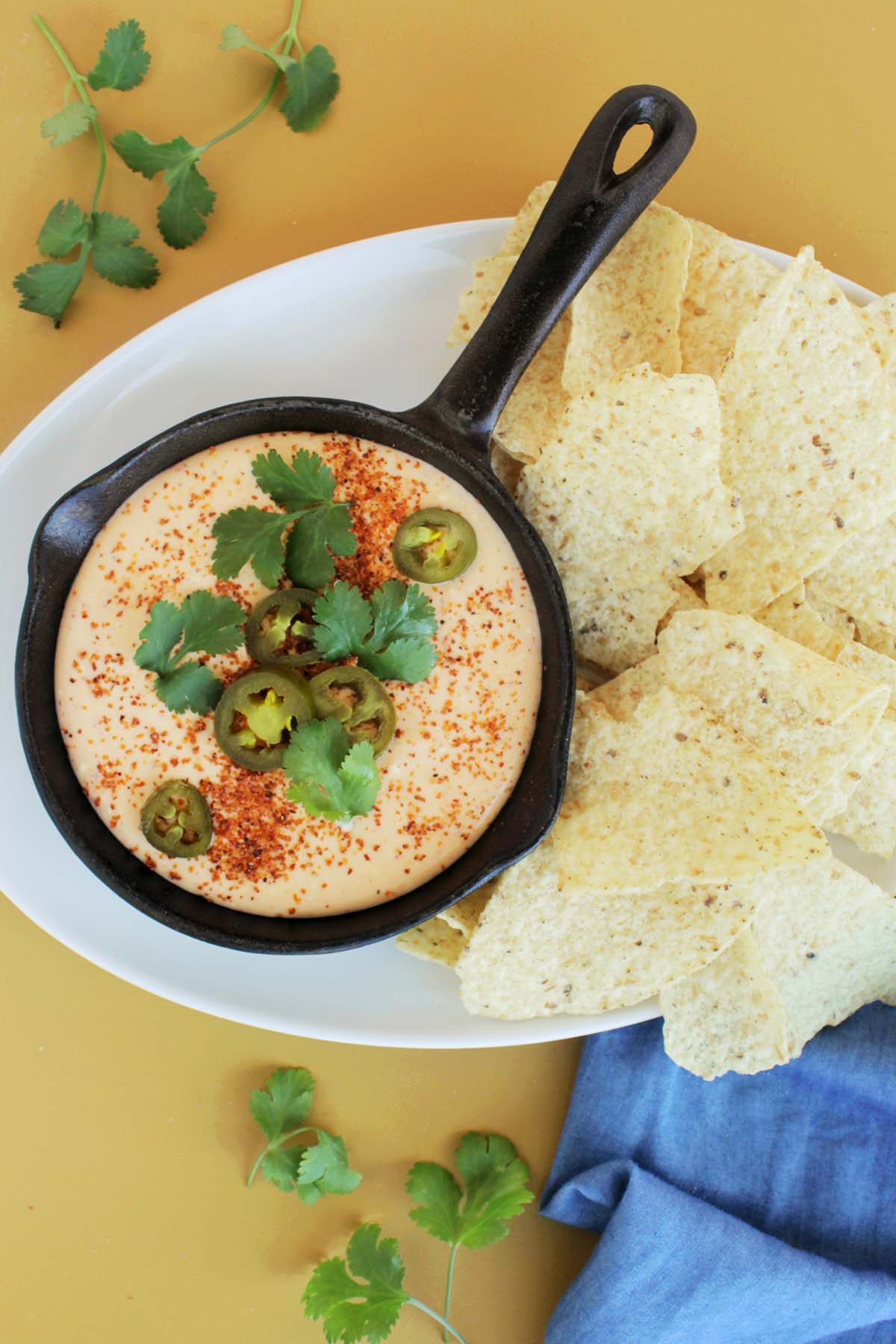 yellow queso in mini cast iron skillet on serving platter with chips.