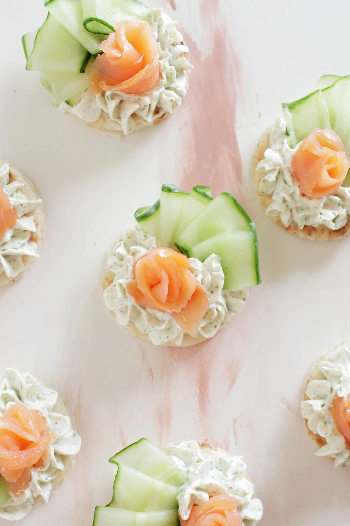 canapes with smoked salmon rose and cucumber.