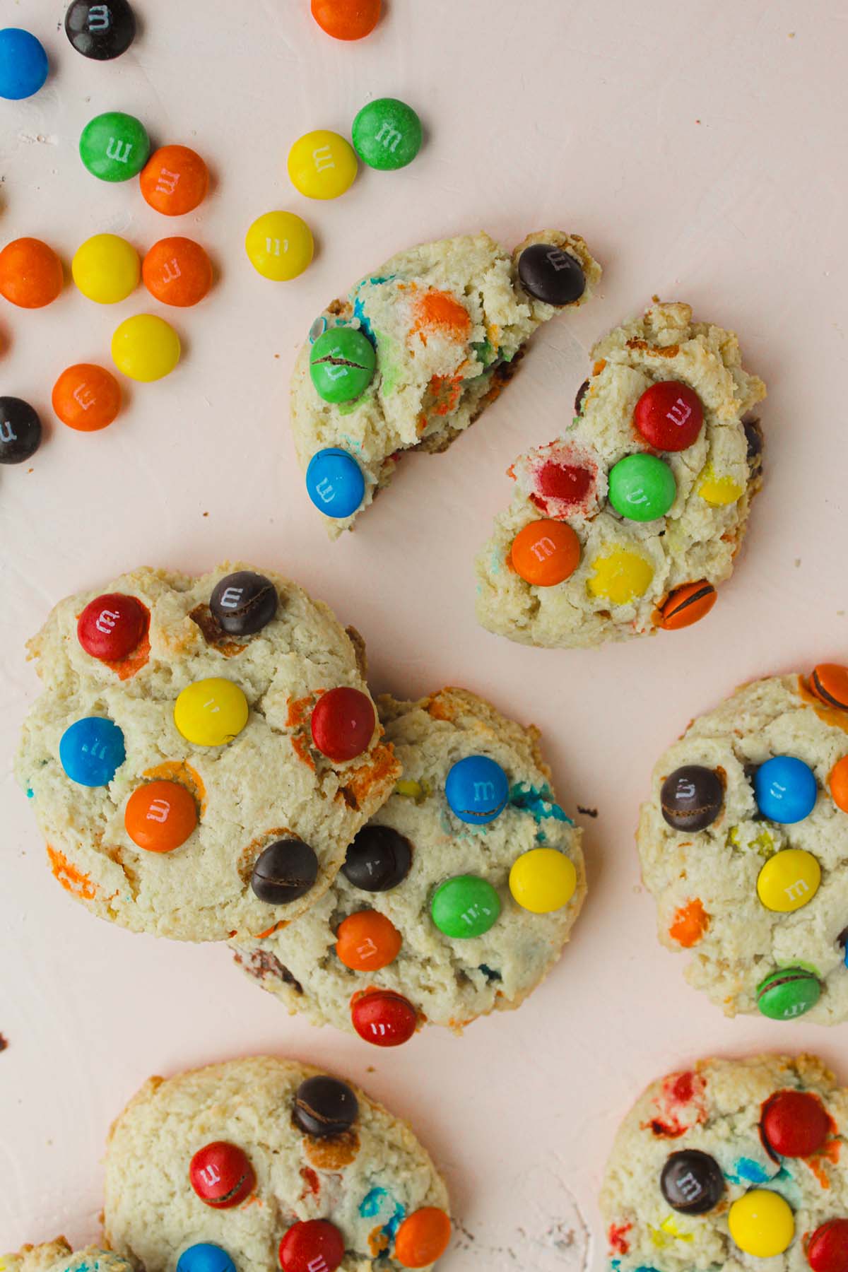 sugar cookies with colorful M&Ms on top.