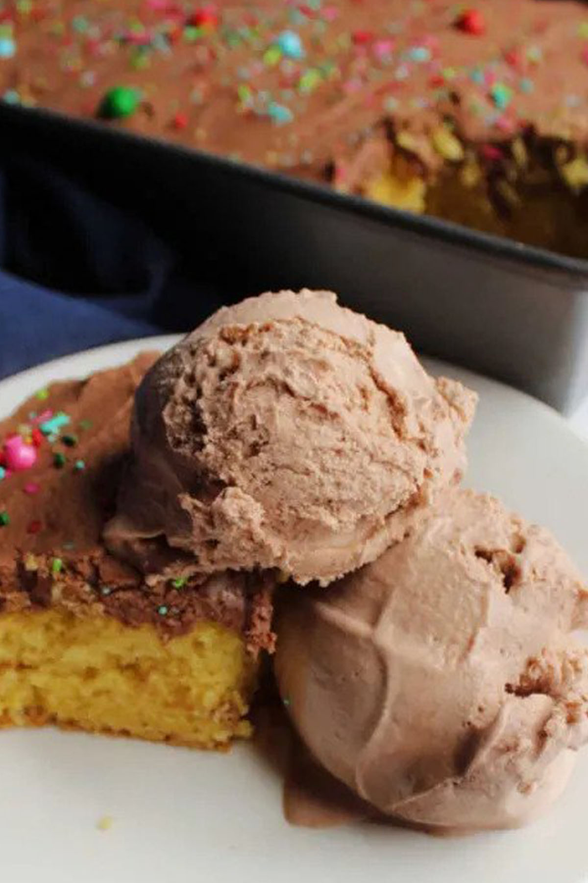 chocolate ice cream next to a piece of cake.