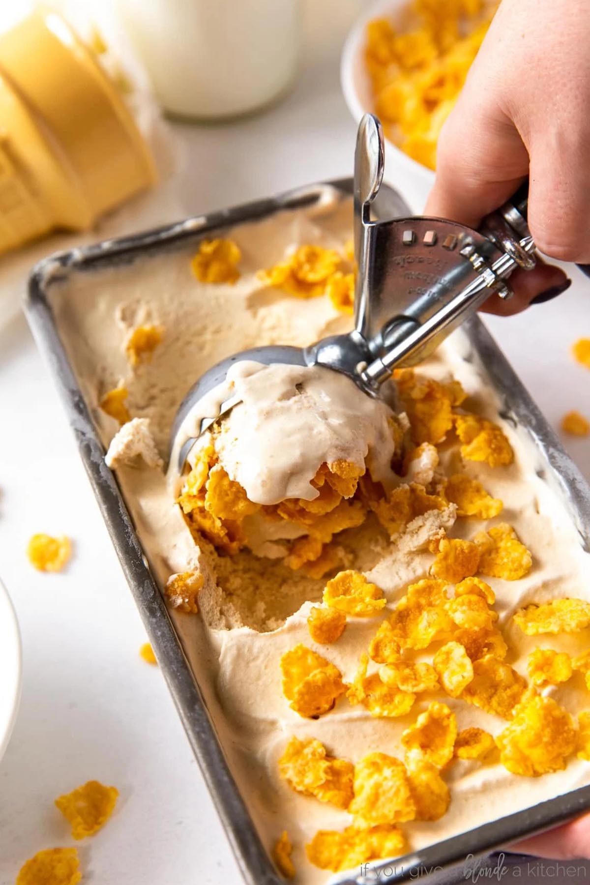 ice cream with corn flakes on top.