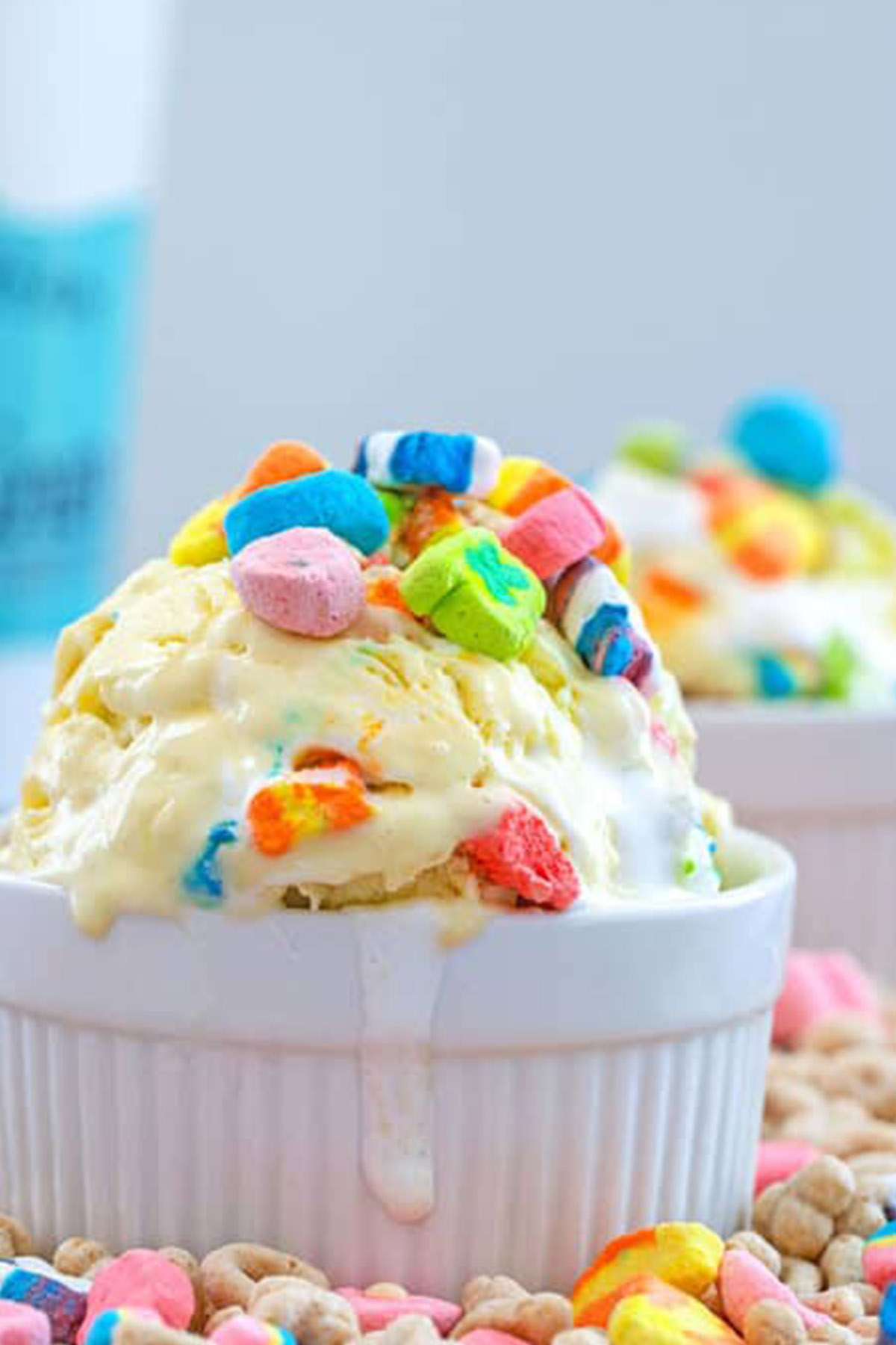vanilla ice cream topped with Lucky Charms marshmallows.