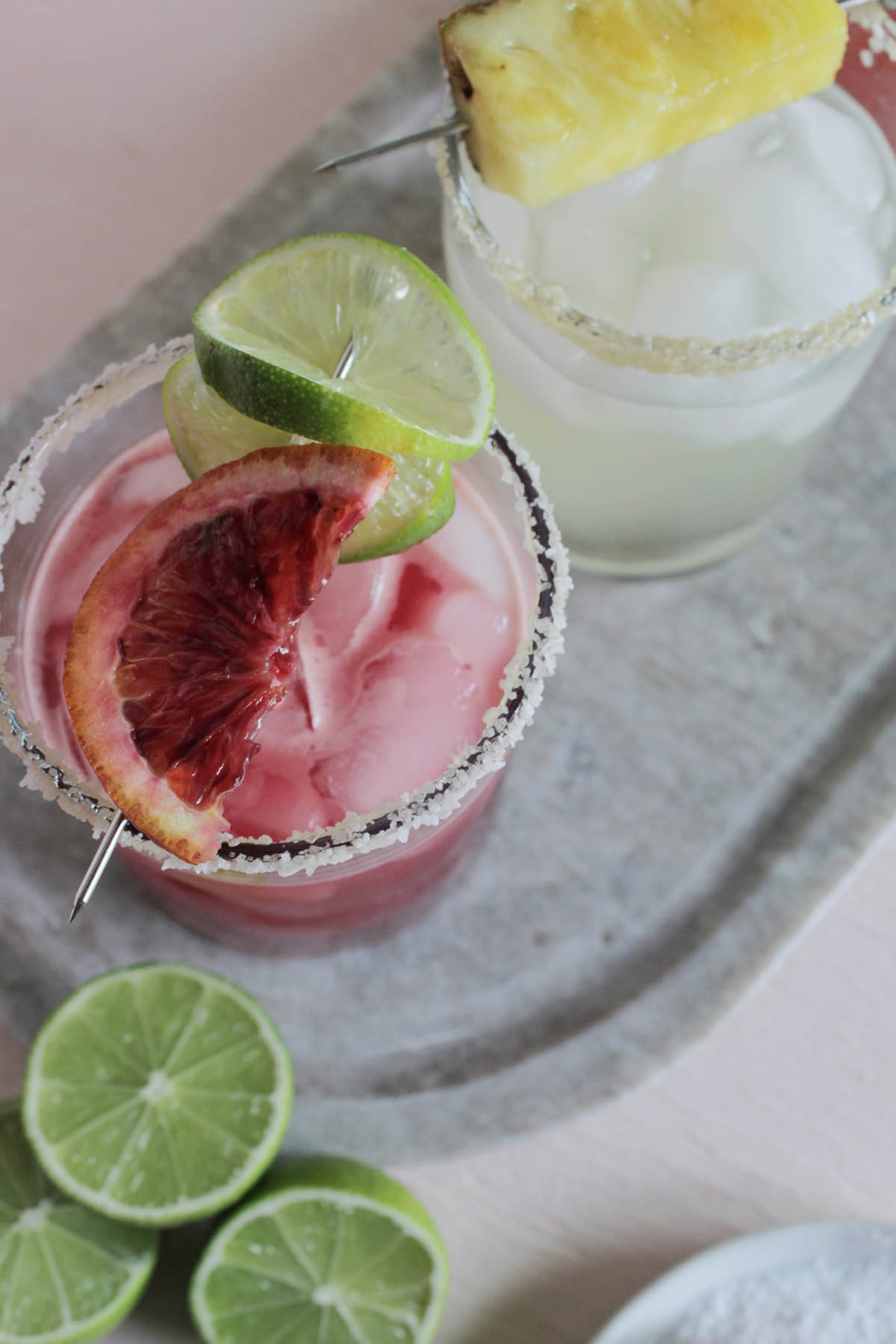 blood orange and lime margarita with salted rim.
