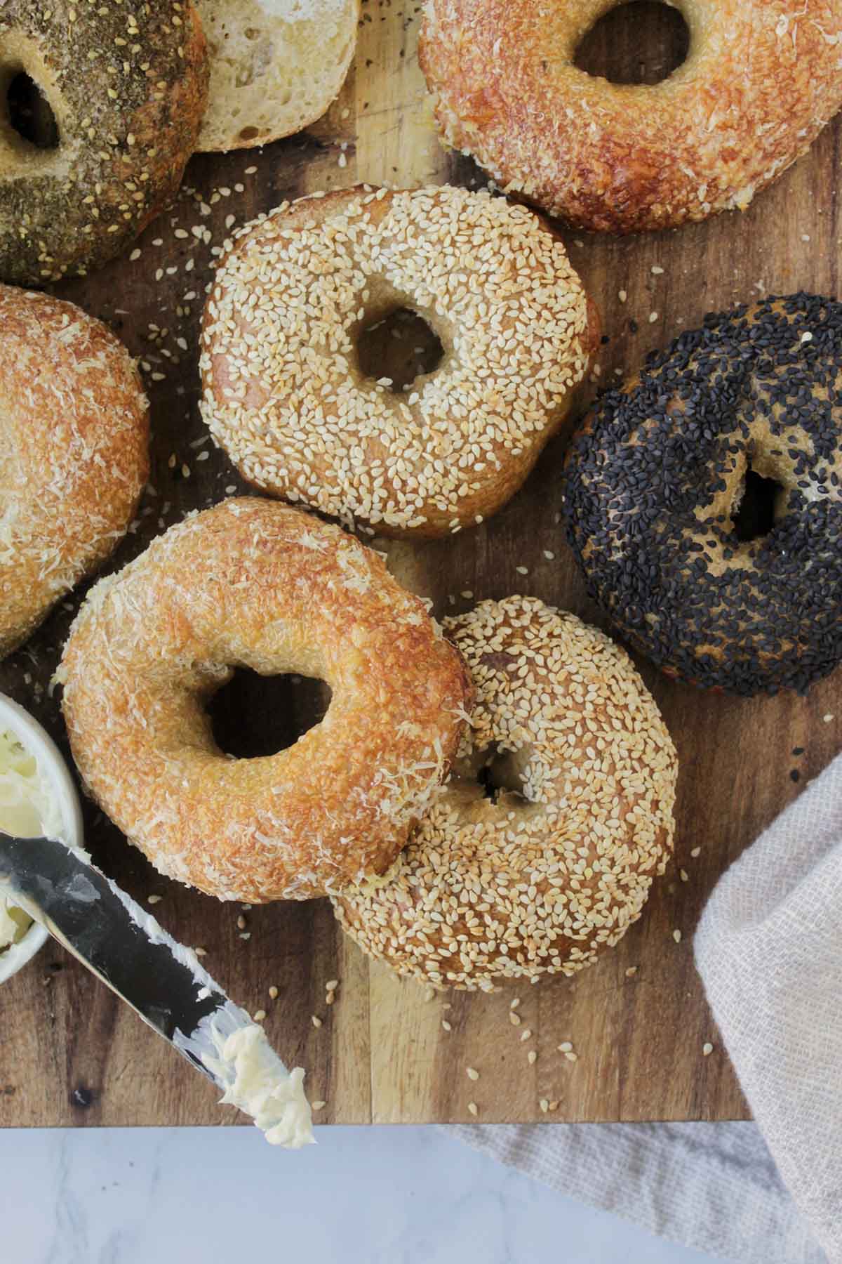 sesame seed and parmesan sourdough bagels.