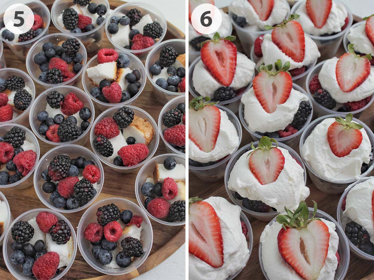 dessert cups topped with berries and whipped cream.