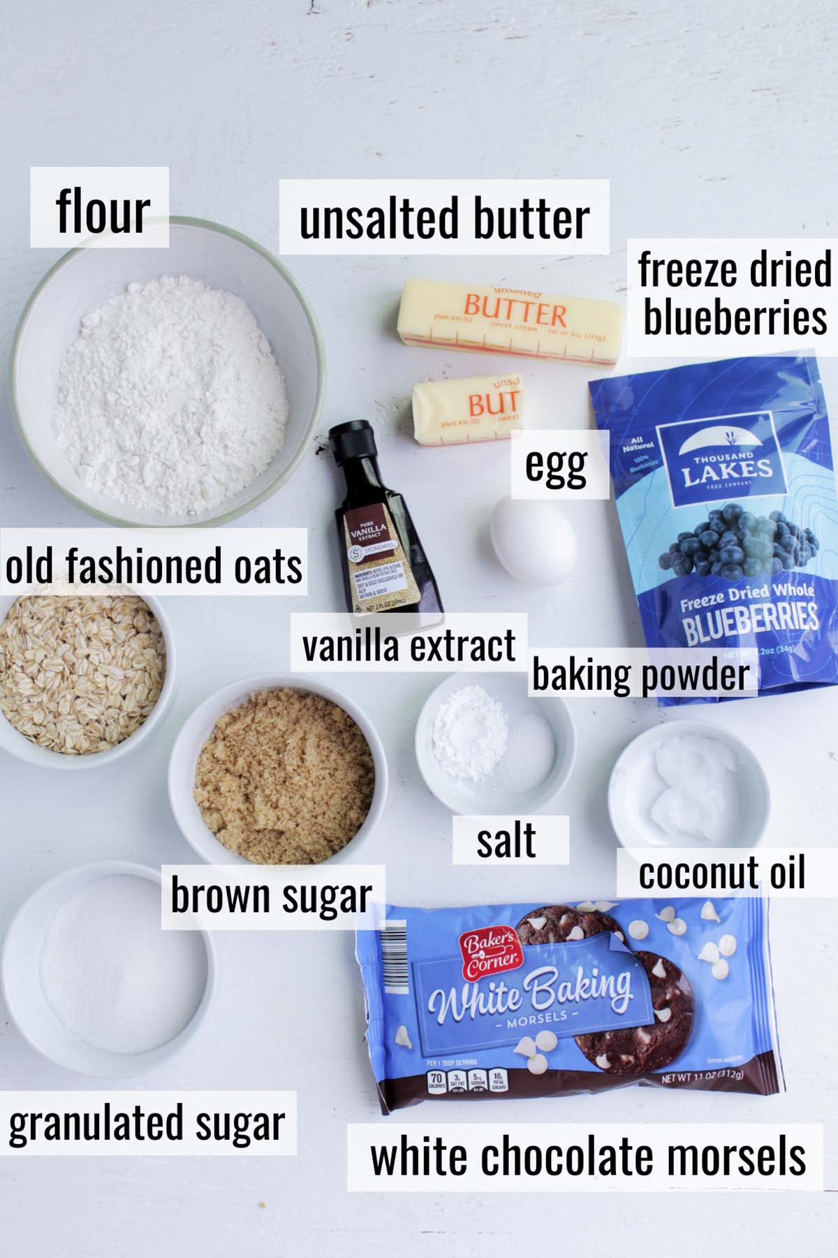 blueberry cookie baking ingredients with labels.