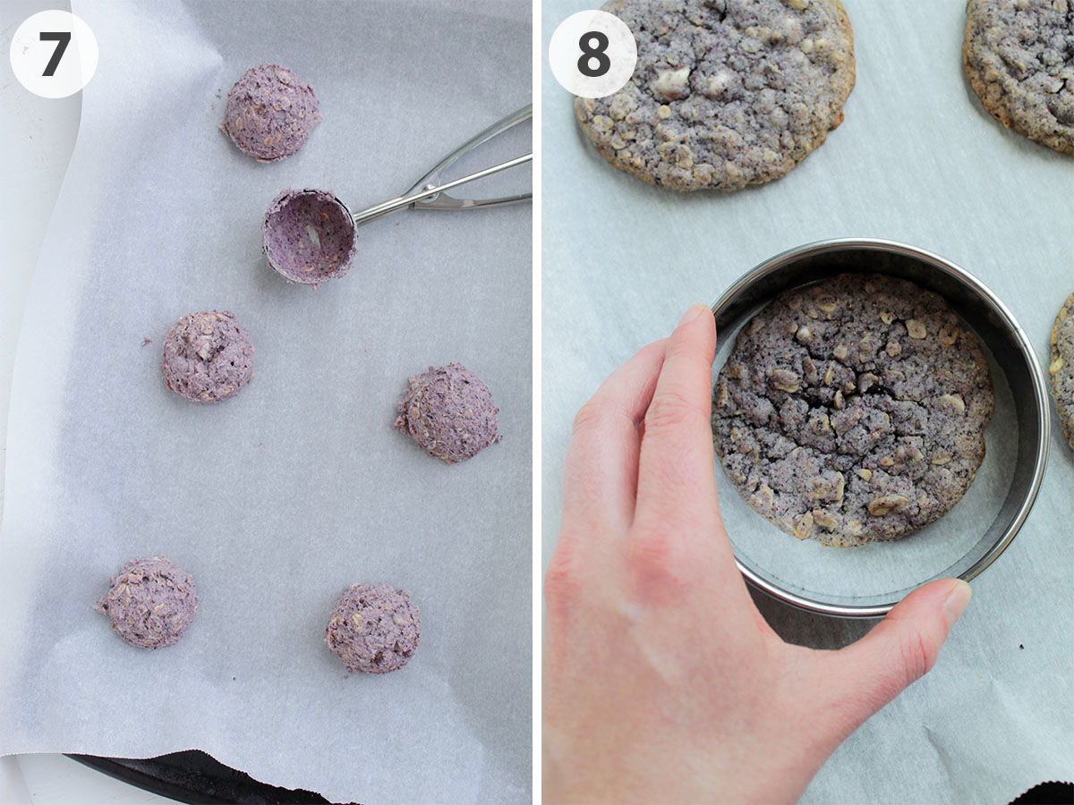 two numbered photos showing scooping balls of dough and shaping the cookie with a circle cookie cutter.
