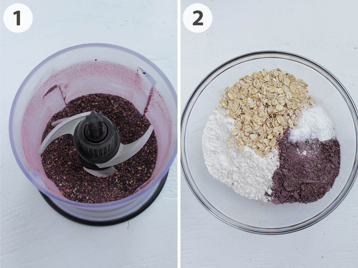 two numbered photos showing pulsed up freeze dried blueberries in a blender and mixed with other dry baking ingredients.