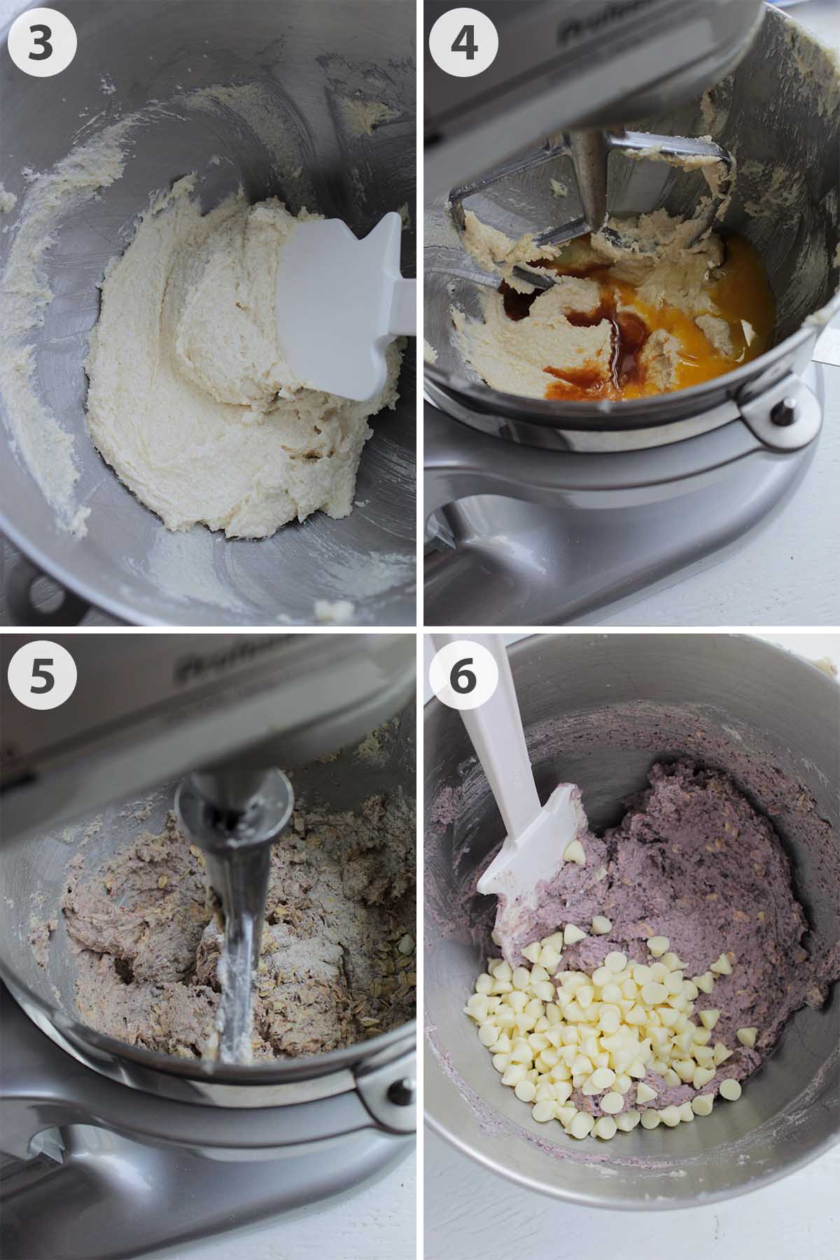 four numbered photos showing the mixing of the blueberry cookie ingredients into dough.