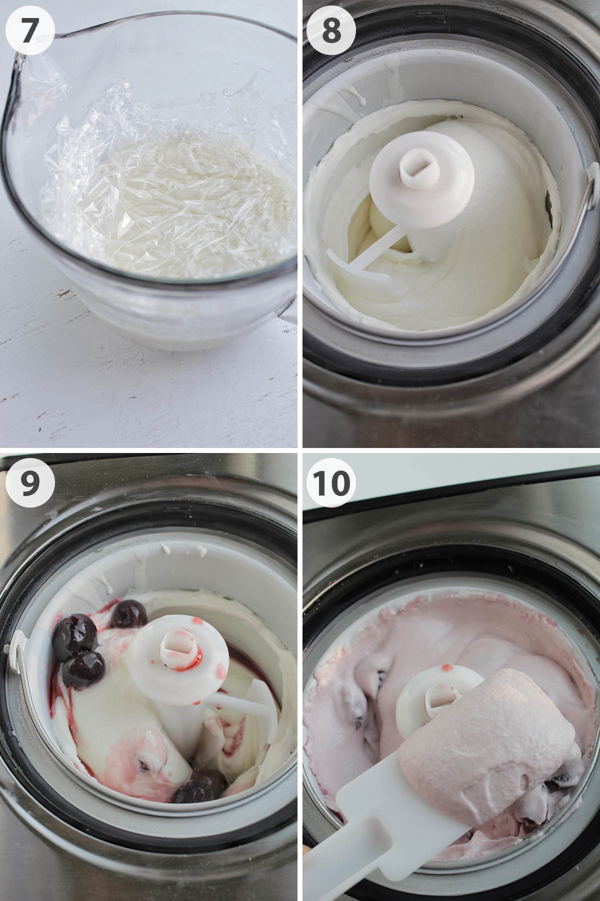 four numbered photos showing how to churn cherry ice cream.