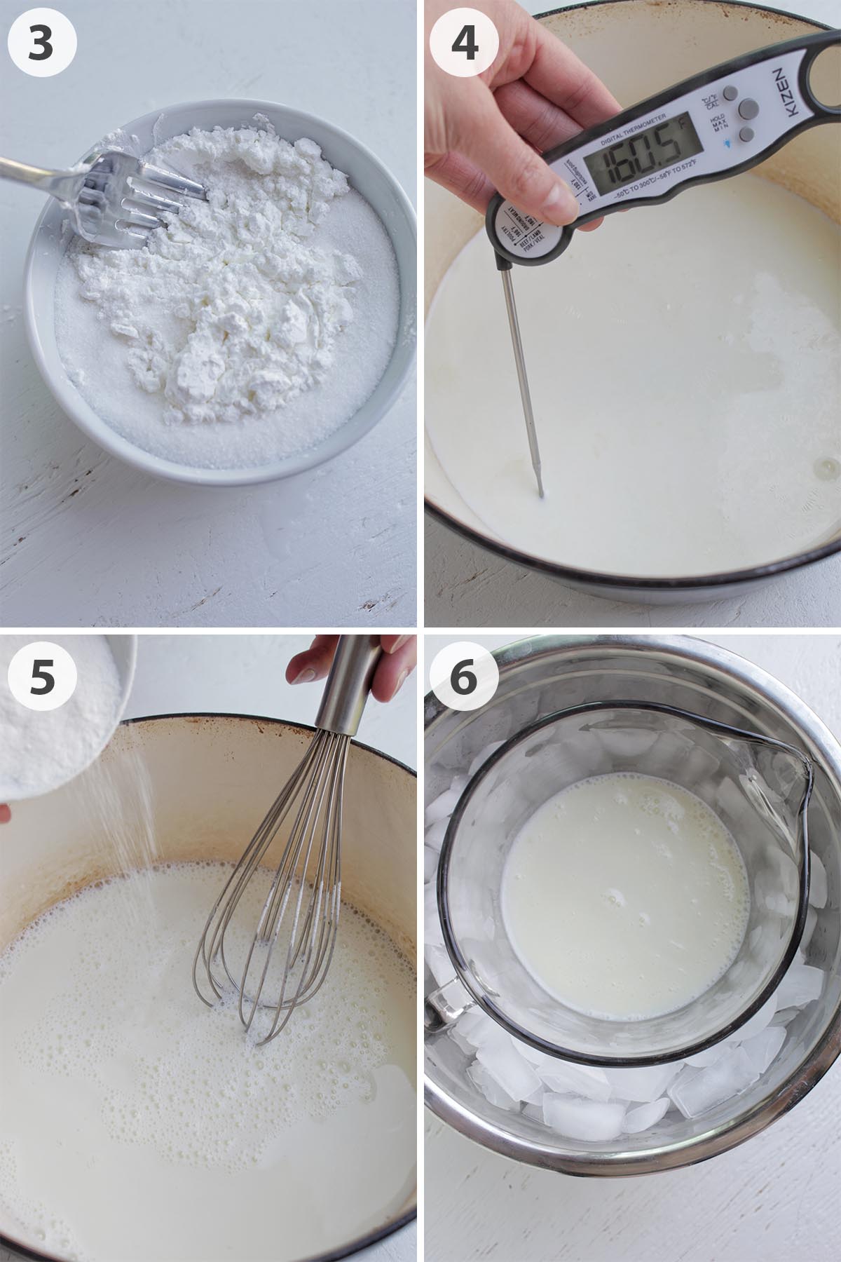 four numbered photos showing how to make ice cream base with corn starch as stabilizer.