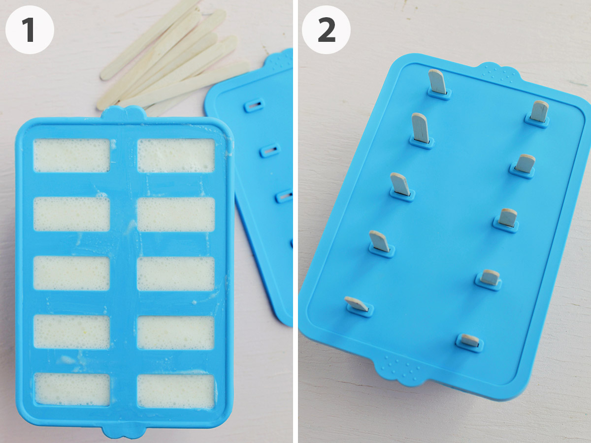 two numbered photos showing how to use a silicone popsicle mold.