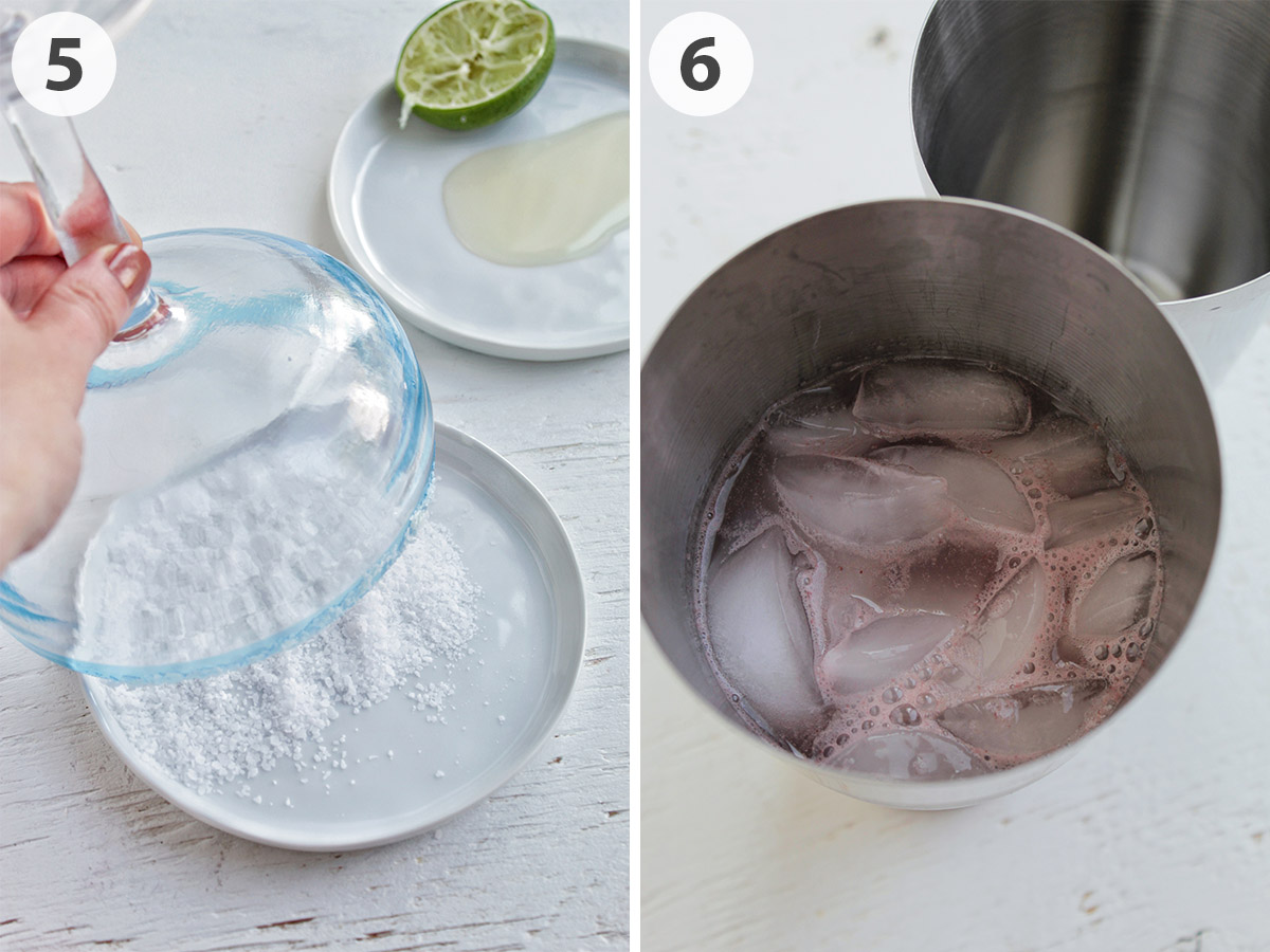 two numbered photos showing salting a margarita glass and margarita mix in a cocktail shaker.