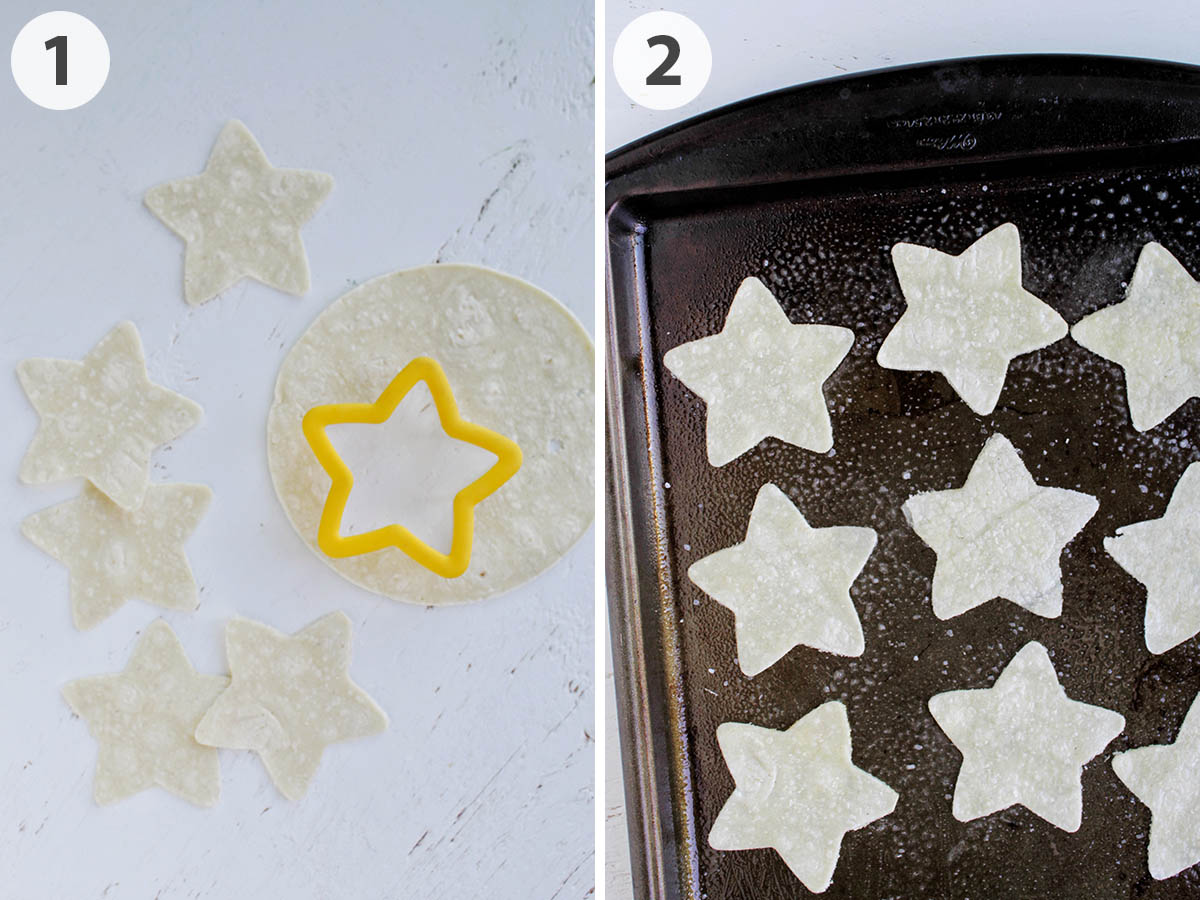 two numbered photos showing how to make star shaped tortilla chips.