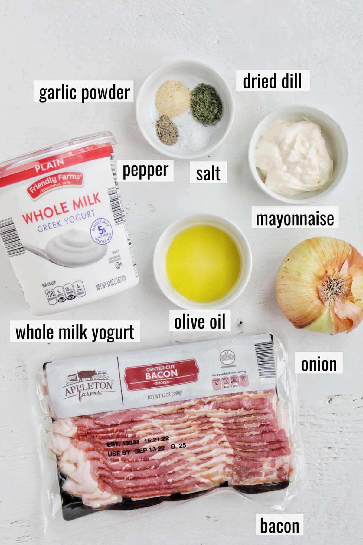 bacon and onion dip ingredients with labels.