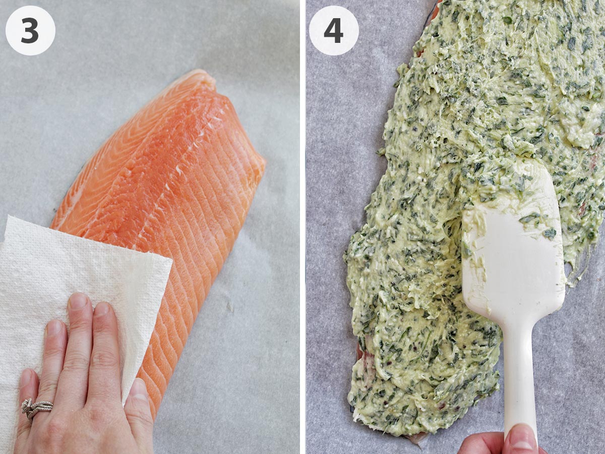 two numbered photos showing patting salmon dry and spreading sauce on a salmon fillet.