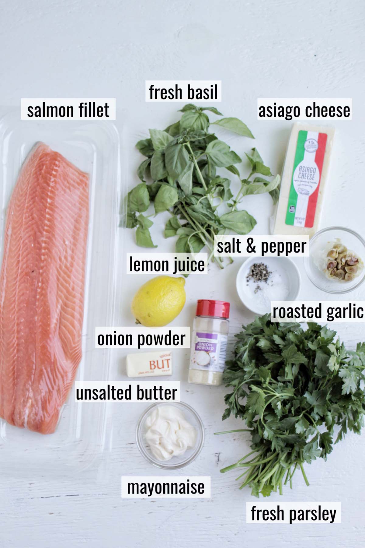 herb crusted salmon ingredients with labels.