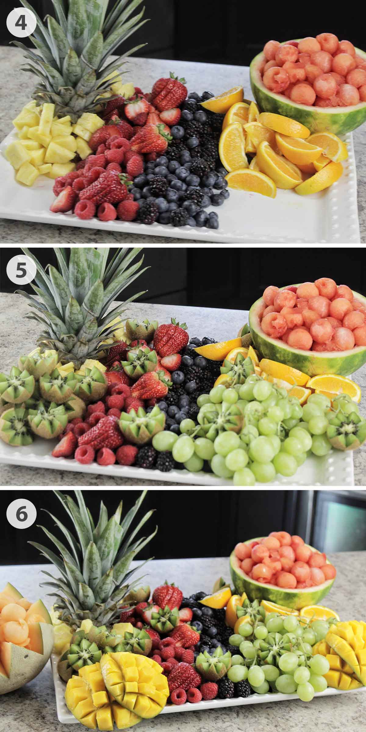 three numbered photos showing how to finish assembling a fruit display.