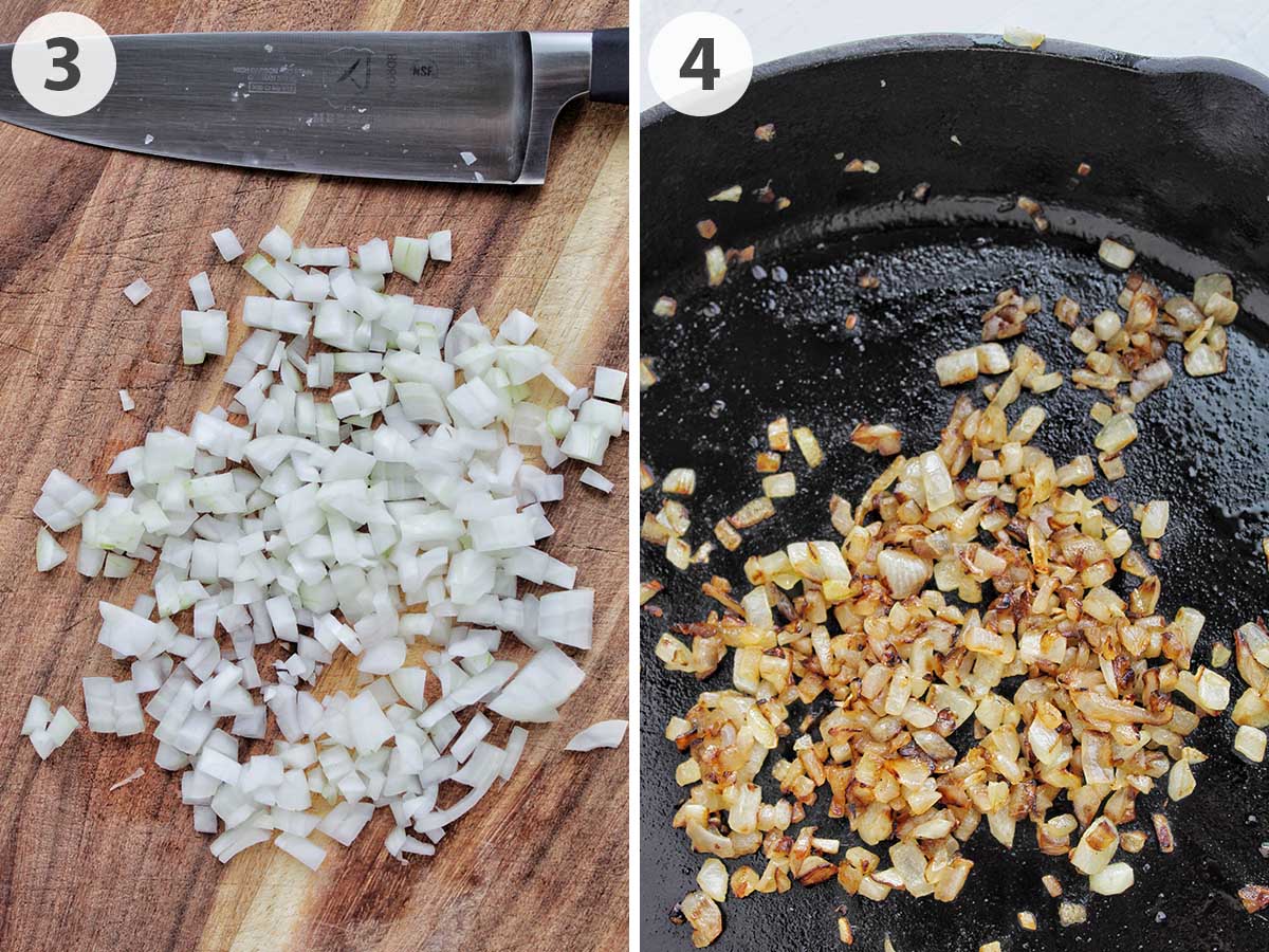 two numbered photos showing raw chopped onions and caramelized onions in a cast iron.